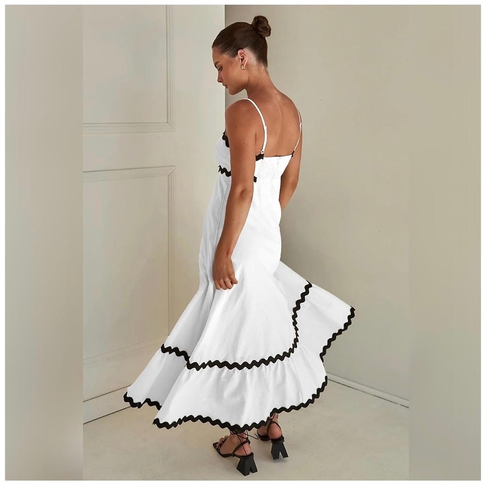 NWT White Linen Maxi Dress Black Ric Rac Trim Smocked Back Size L - Picture 2 of 8
